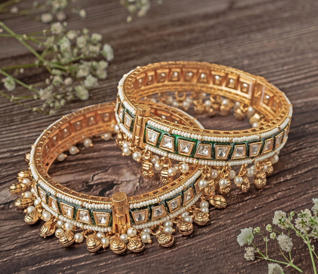 Green And White Kundan Polki Gold Plated Bangles