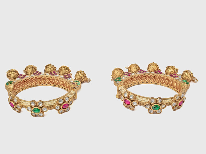 Floral Gold Plated Bangles With Jhumka Hangings
