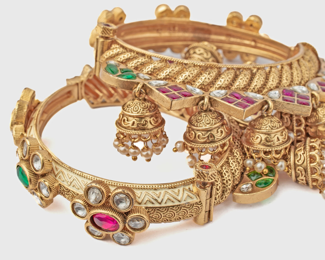 Floral Gold Plated Bangles With Jhumka Hangings