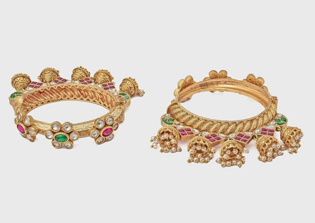 Floral Gold Plated Bangles With Jhumka Hangings