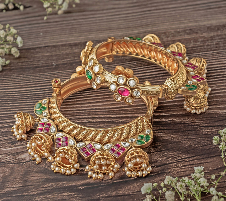 Floral Gold Plated Bangles With Jhumka Hangings