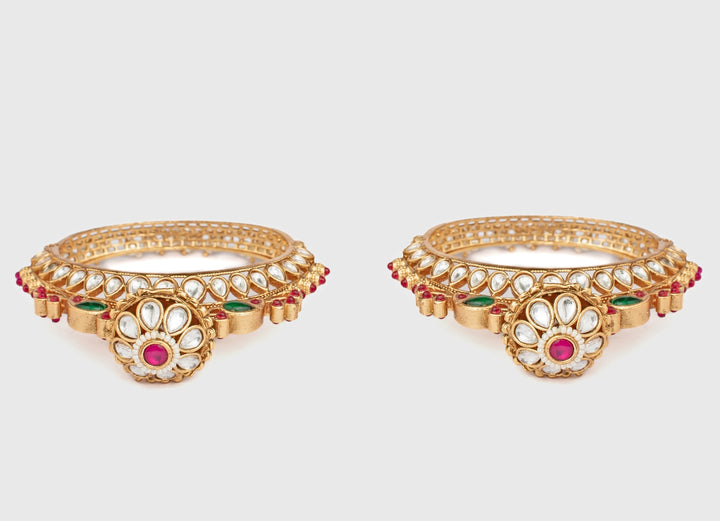 Floral Pink And Green Kundan Gold Plated Bangles