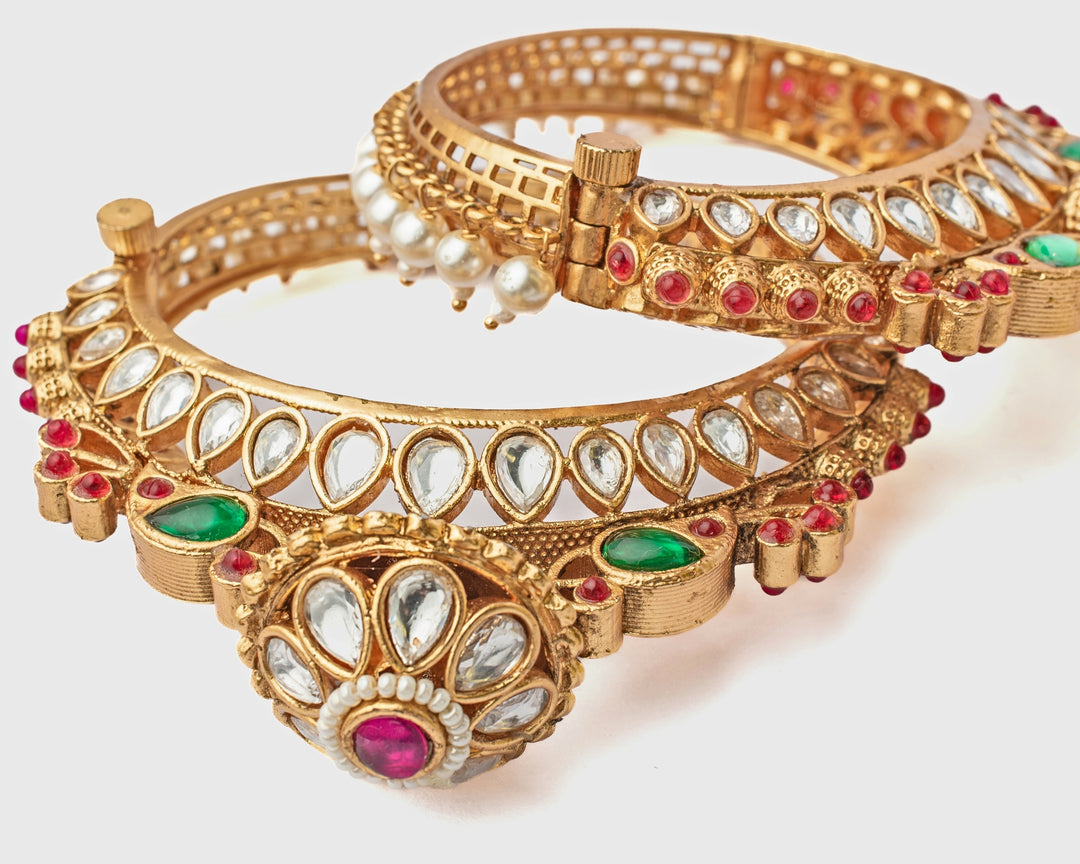 Floral Pink And Green Kundan Gold Plated Bangles