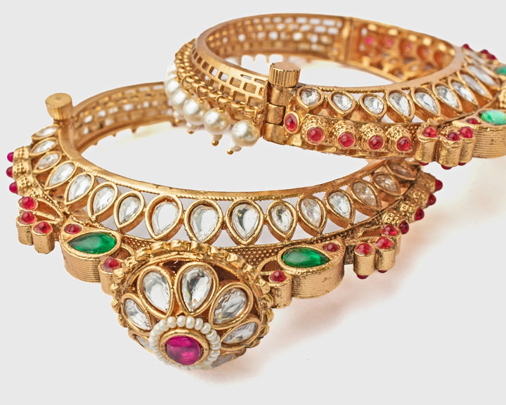 Floral Pink And Green Kundan Gold Plated Bangles