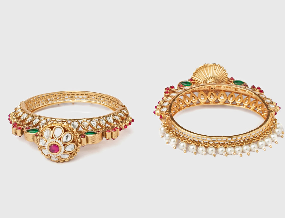 Floral Pink And Green Kundan Gold Plated Bangles