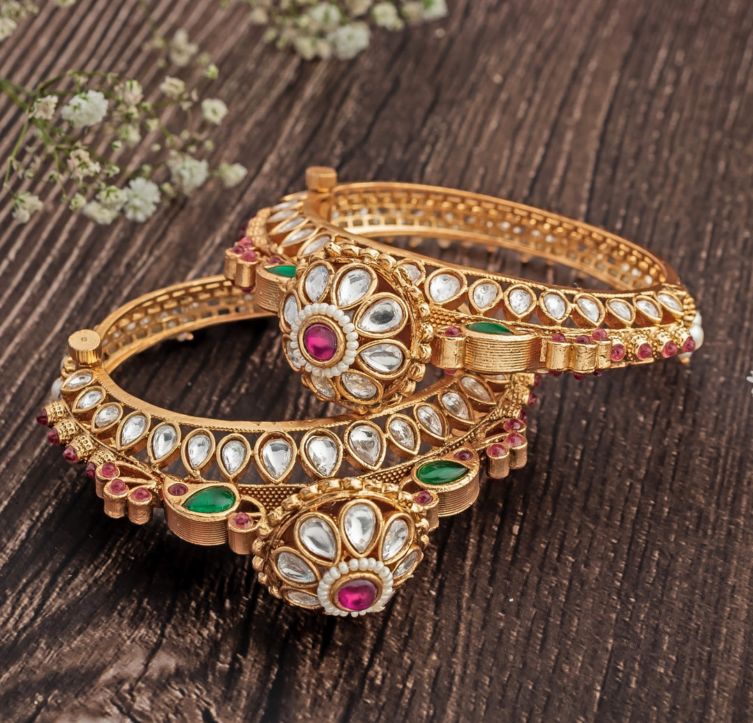 Floral Pink And Green Kundan Gold Plated Bangles