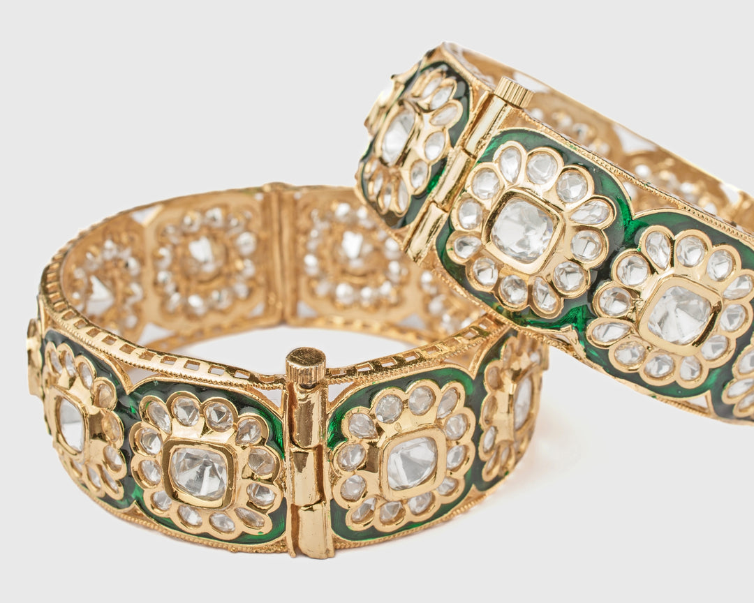 Floral White Kundan Polki Gold Plated Bangles