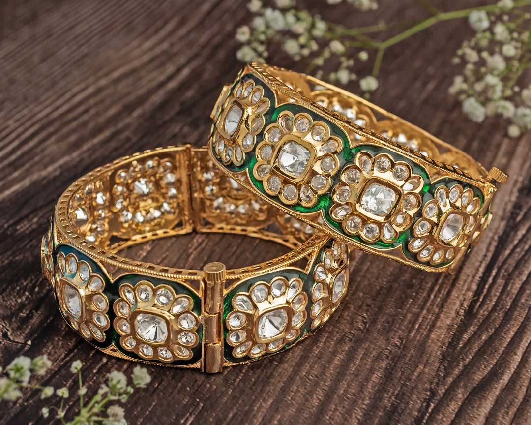 Floral White Kundan Polki Gold Plated Bangles