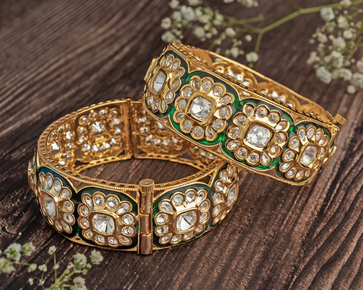 Floral White Kundan Polki Gold Plated Bangles