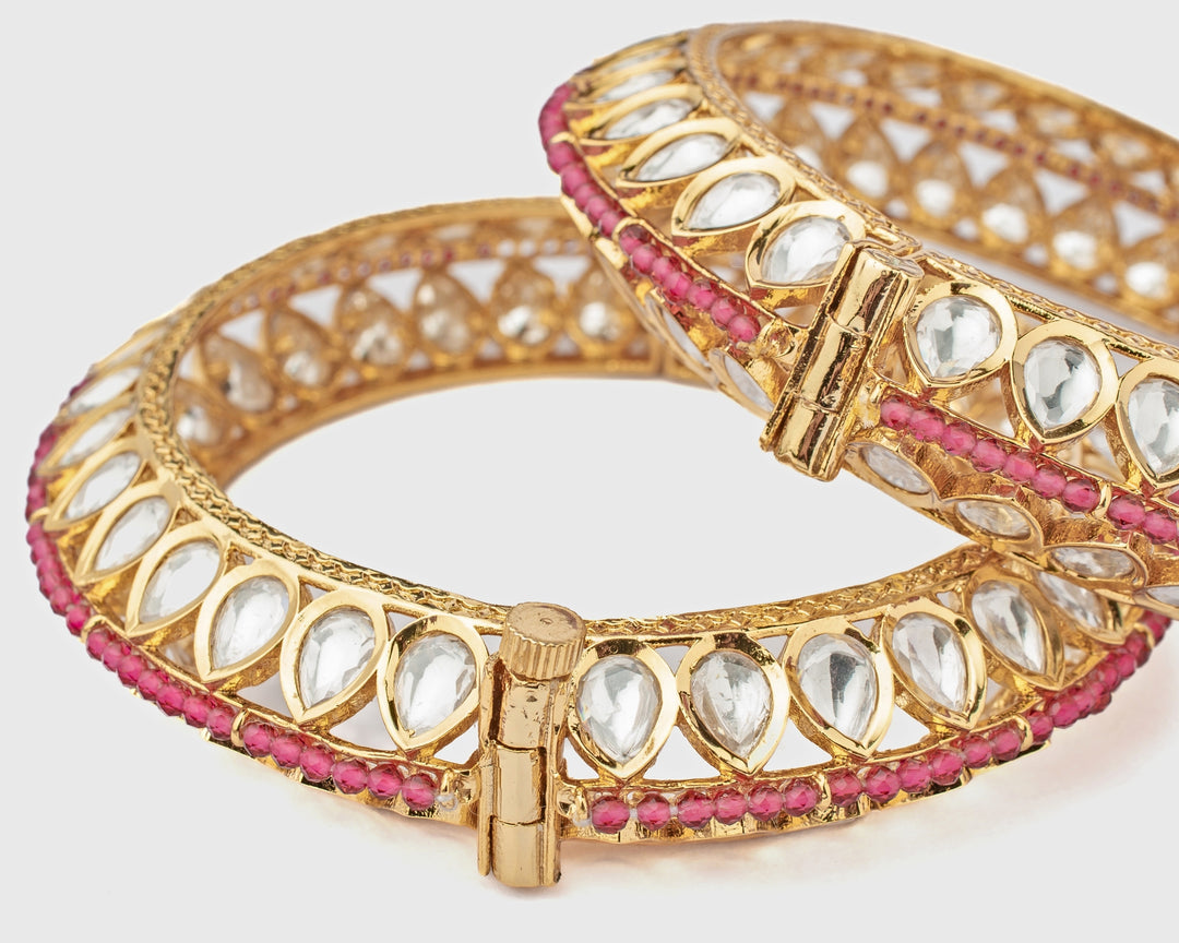 Pink And White Teardrop Gold Plated Bangles