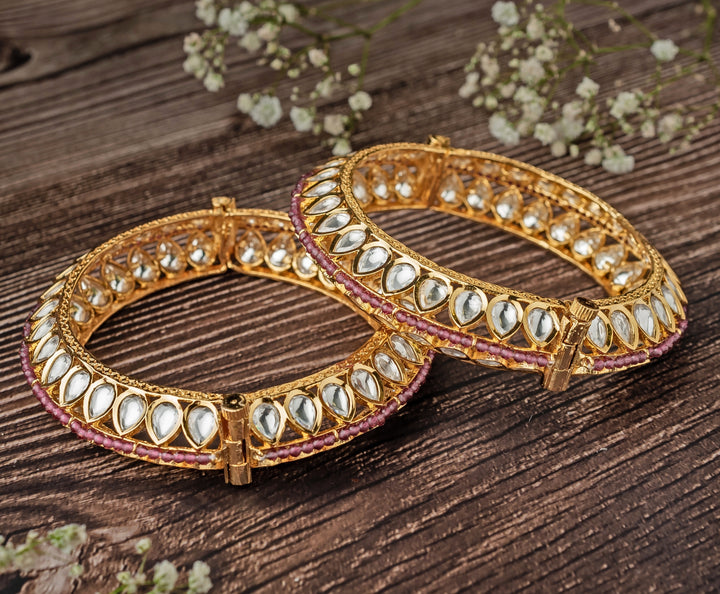 Pink And White Teardrop Gold Plated Bangles