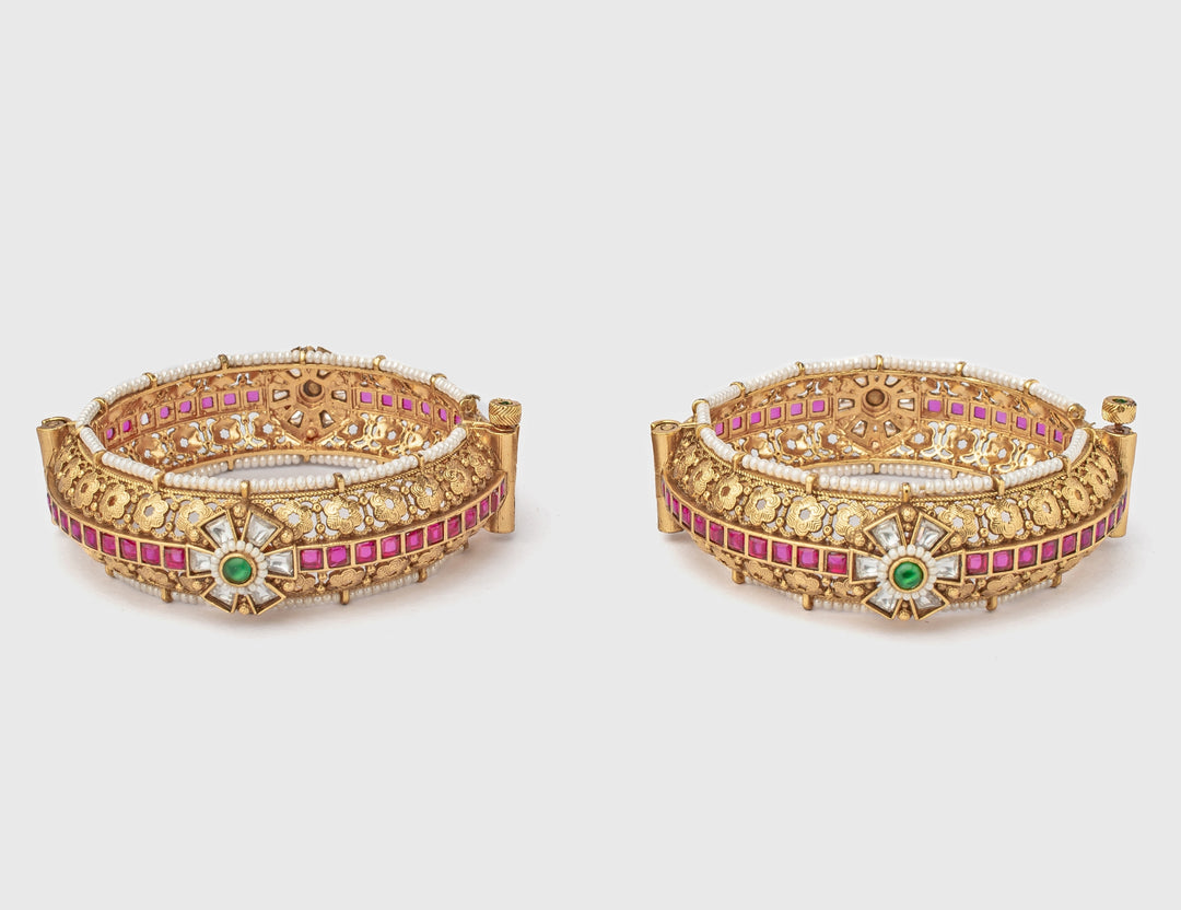 Floral Pink And Green Stone Temple Gold Plated Bangles