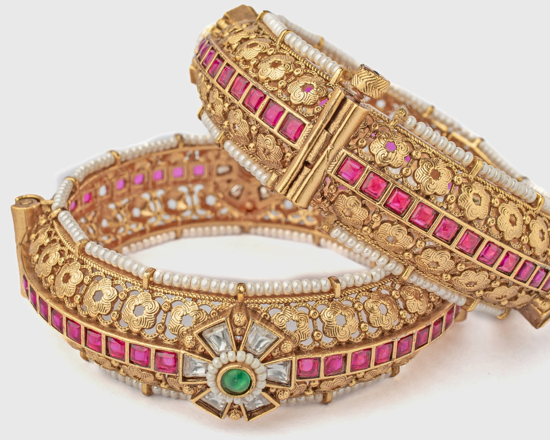 Floral Pink And Green Stone Temple Gold Plated Bangles