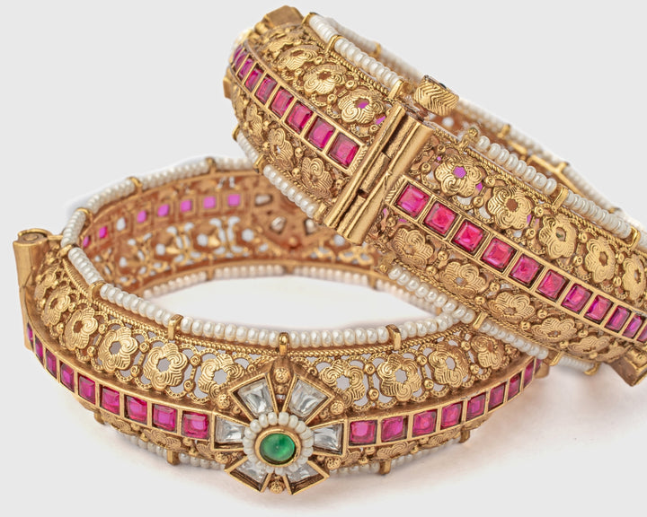 Floral Pink And Green Stone Temple Gold Plated Bangles