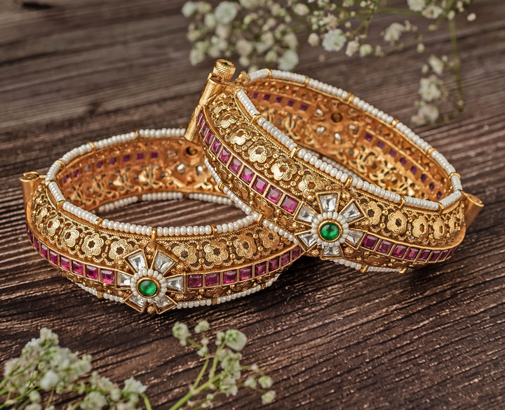 Floral Pink And Green Stone Temple Gold Plated Bangles