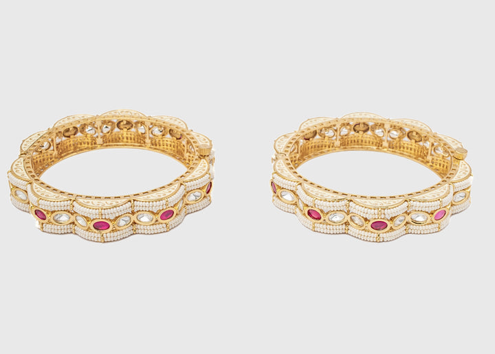 White And Pink Beads Synthetic Stone Gold Plated Bangles