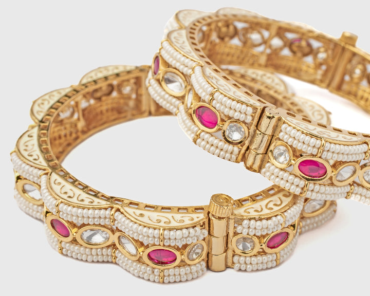 White And Pink Beads Synthetic Stone Gold Plated Bangles
