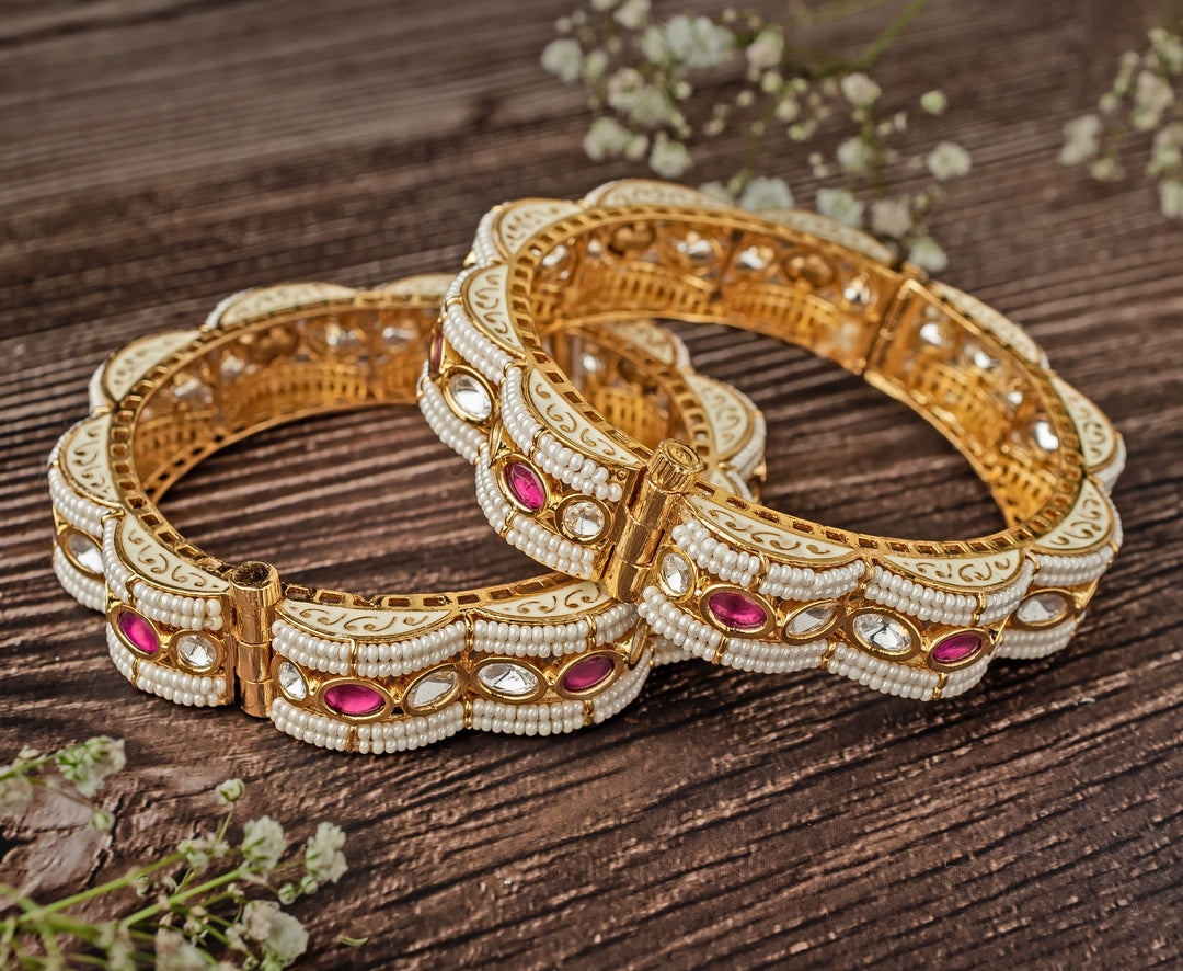 White And Pink Beads Synthetic Stone Gold Plated Bangles