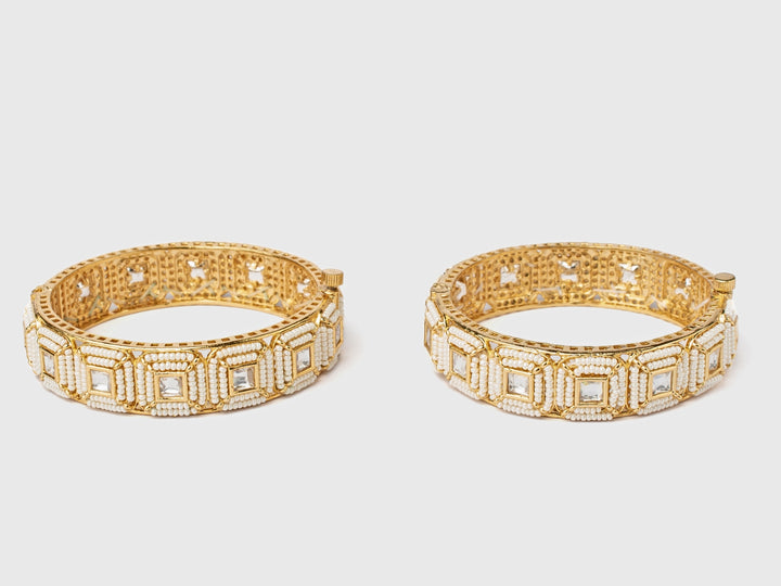 White Beads Synthetic Stone Gold Plated Bangles