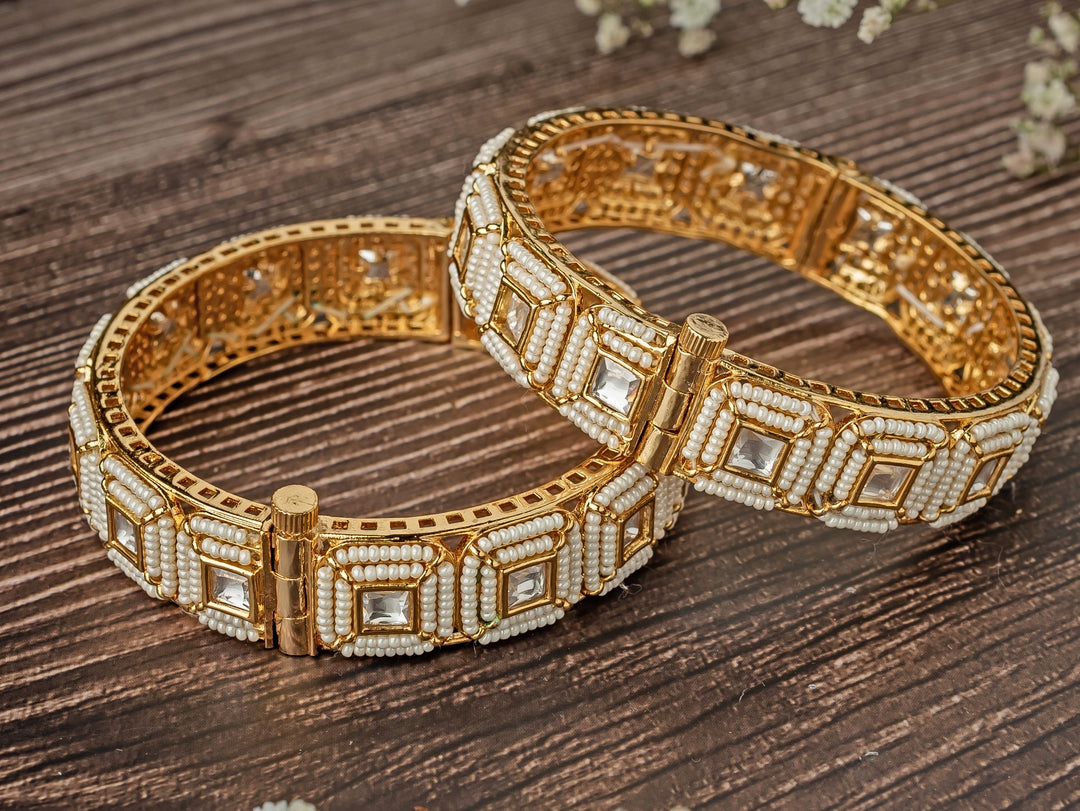 White Beads Synthetic Stone Gold Plated Bangles