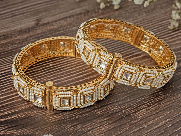 White Beads Synthetic Stone Gold Plated Bangles