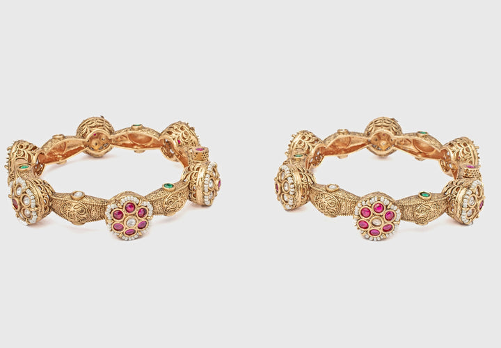 Ruby Floral Synthetic Stone Gold Plated Bangles