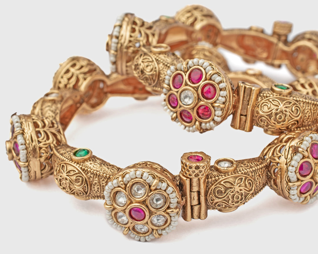 Ruby Floral Synthetic Stone Gold Plated Bangles