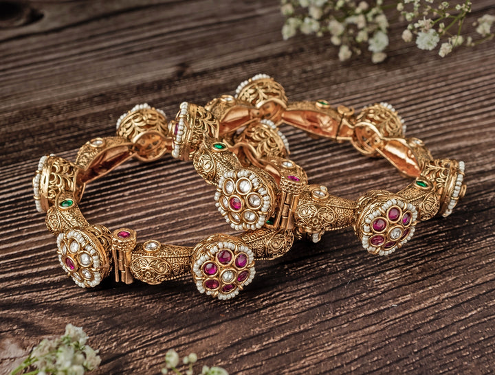 Ruby Floral Synthetic Stone Gold Plated Bangles