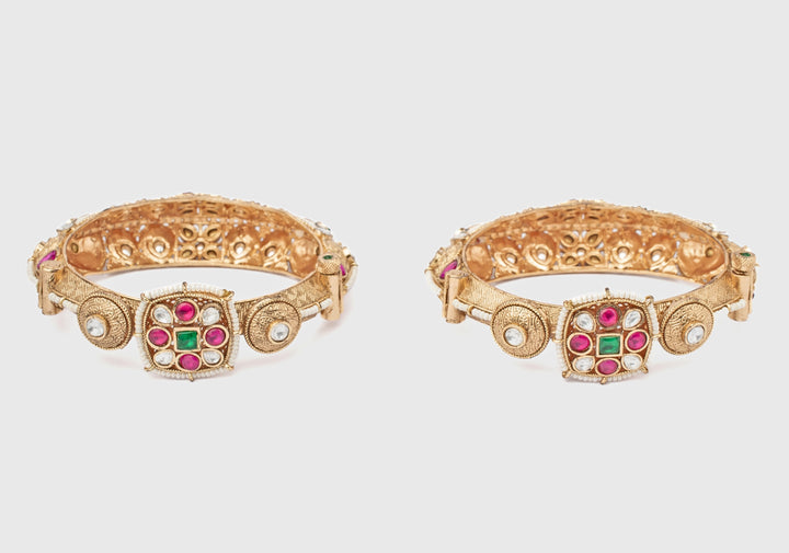 Floral Ruby And Emerald Synthetic Stone Gold Plated Bangles