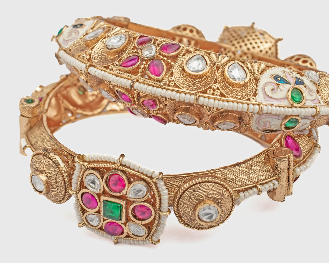 Floral Ruby And Emerald Synthetic Stone Gold Plated Bangles