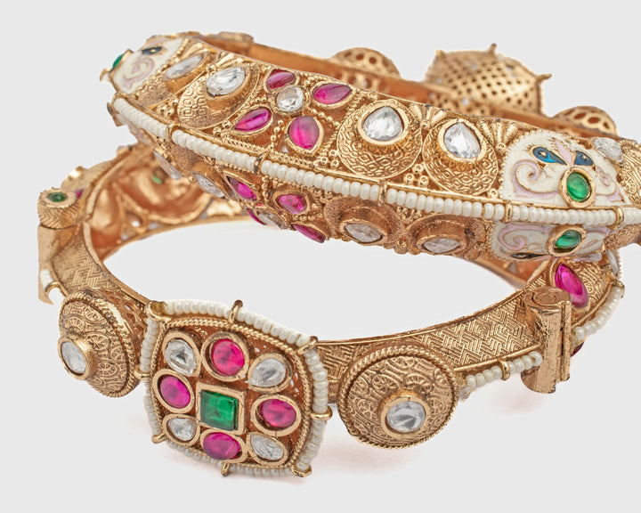 Floral Ruby And Emerald Synthetic Stone Gold Plated Bangles