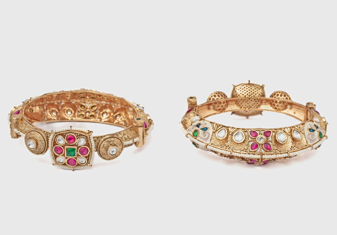Floral Ruby And Emerald Synthetic Stone Gold Plated Bangles