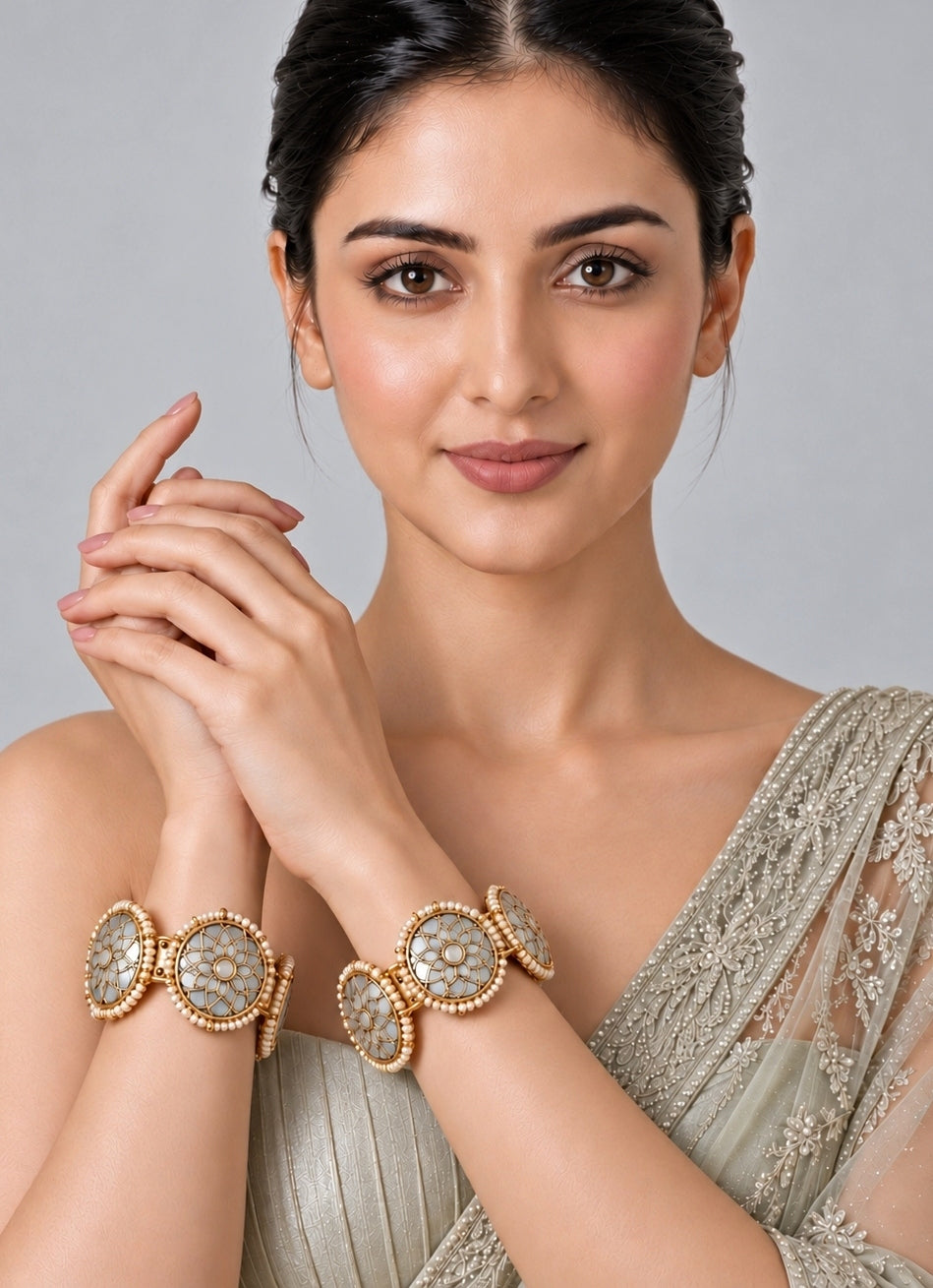 Gold Plated Pearl Kundan Floral Bangles