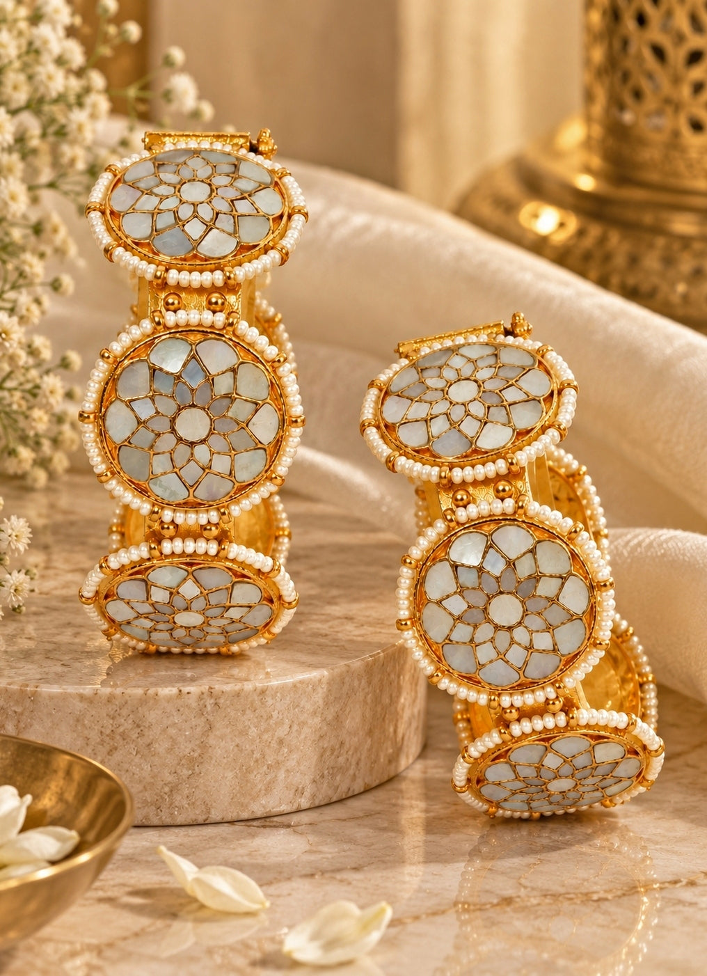 Gold Plated Pearl Kundan Floral Bangles