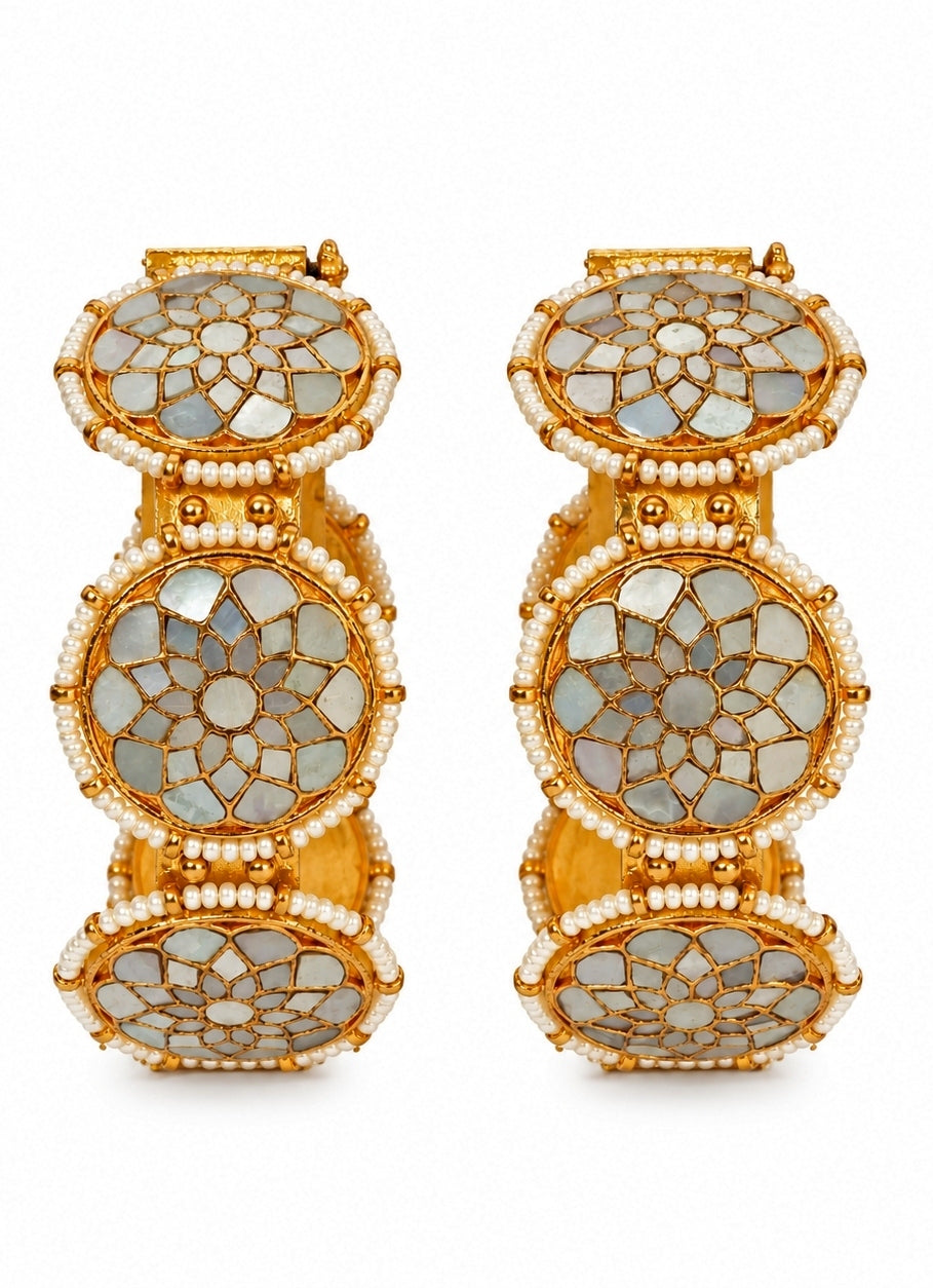 Gold Plated Pearl Kundan Floral Bangles