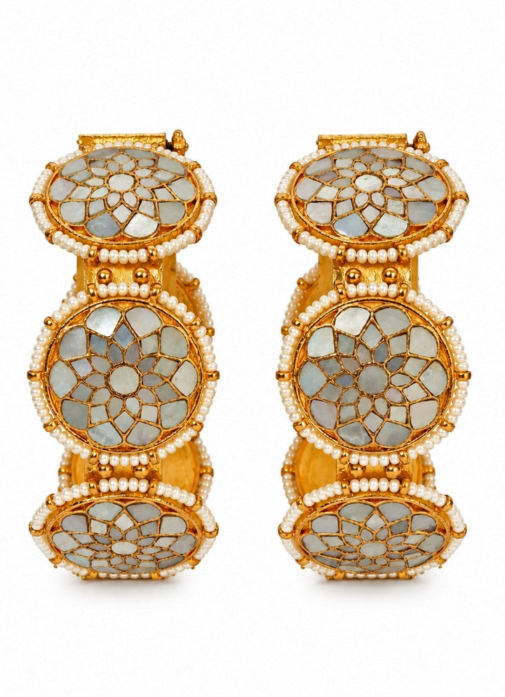 Gold Plated Pearl Kundan Floral Bangles