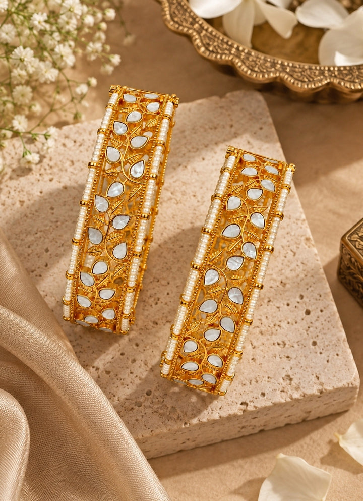 Gold Plated Kundan Pearl Leaf Bangles
