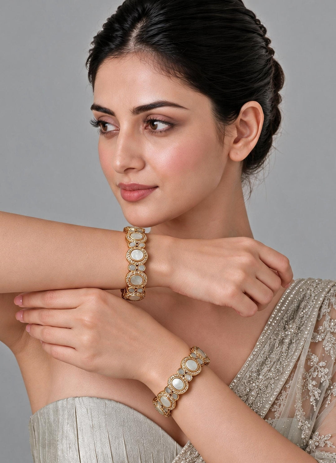 Gold Pearl Kundan Halo Bangles