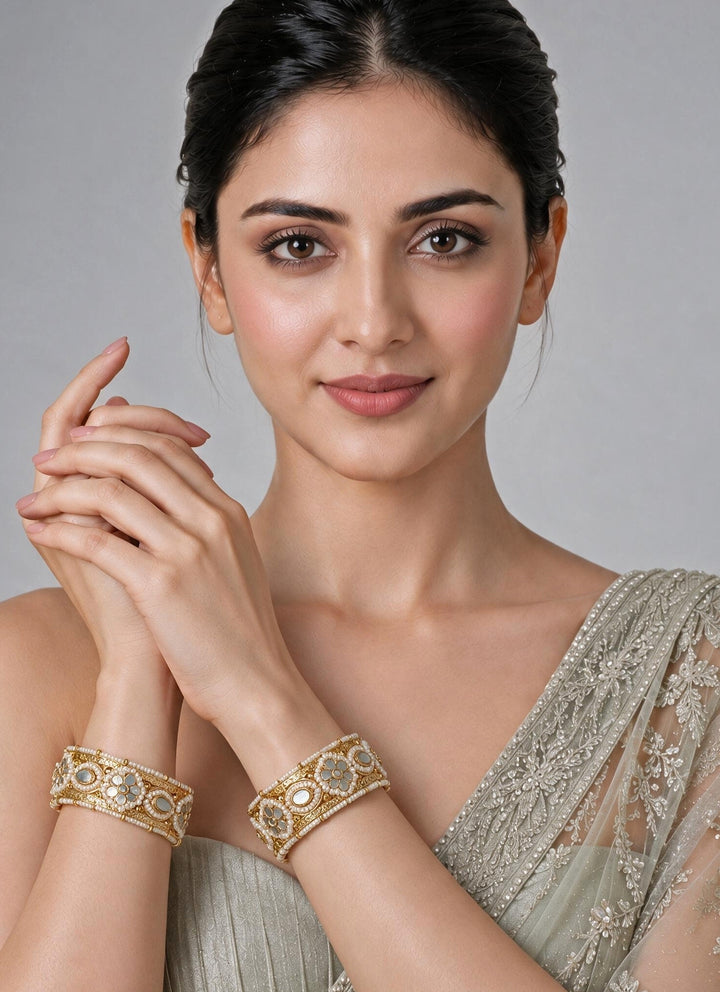 Gold Pearl Kundan Floral Bangles