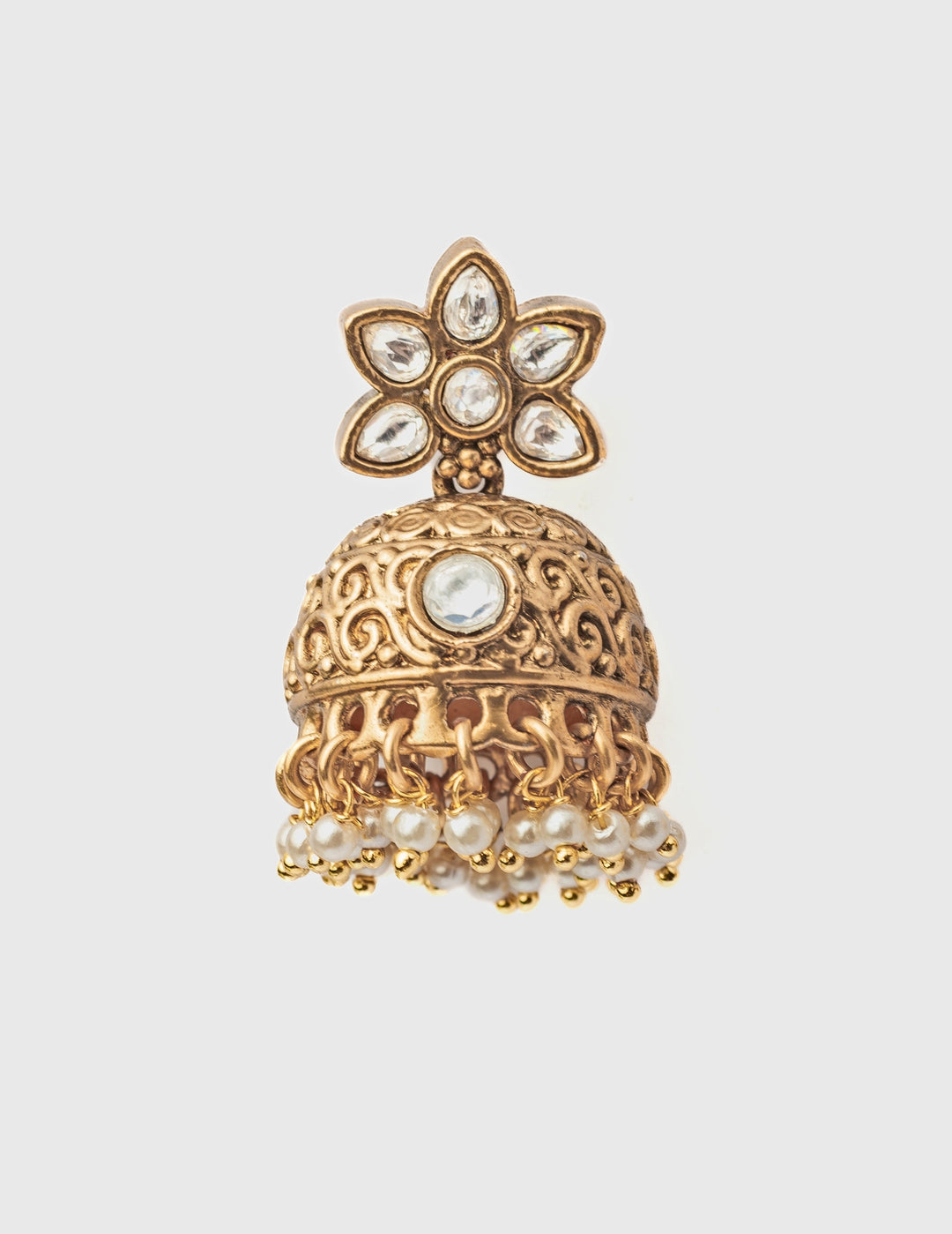 Gold Plated Floral White Stone Jhumka Earrings