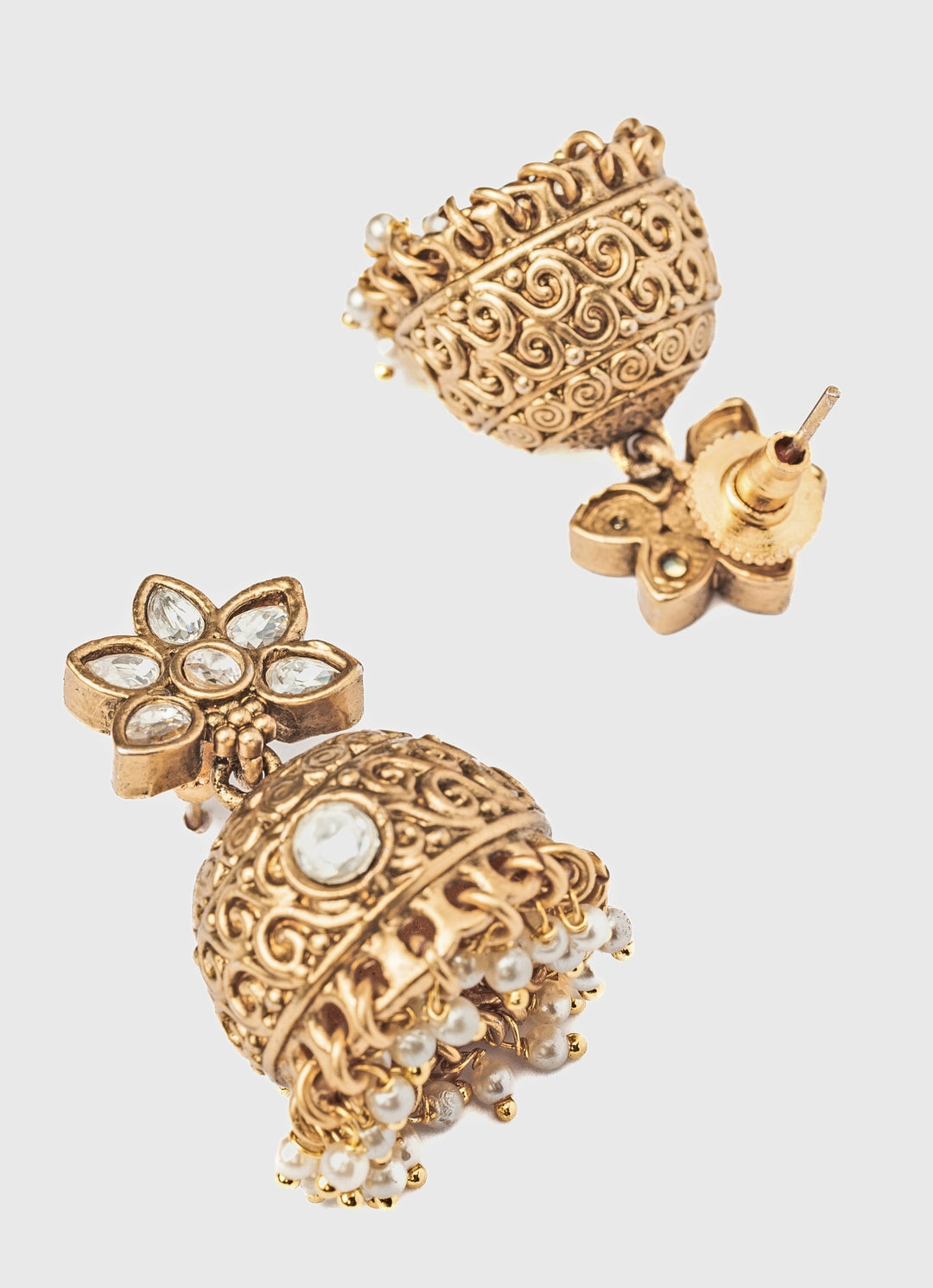 Gold Plated Floral White Stone Jhumka Earrings