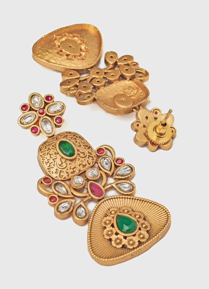 Gold Plated Green And Pink Stone Chandbali Earrings