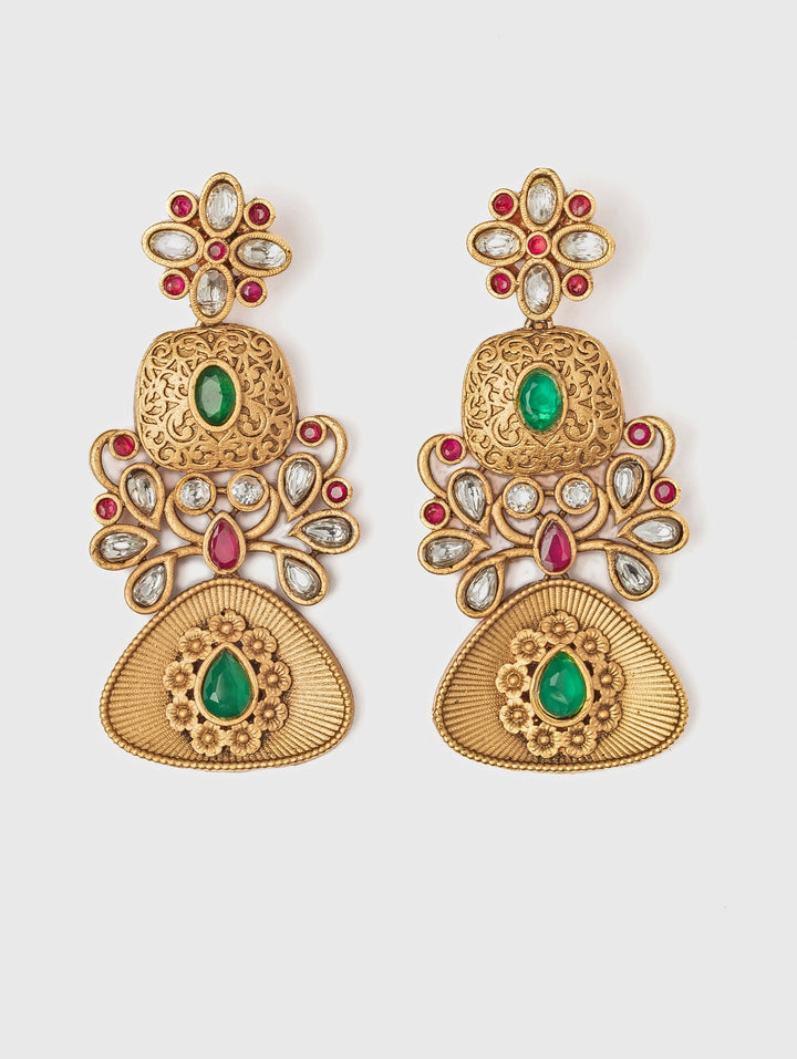Gold Plated Green And Pink Stone Chandbali Earrings