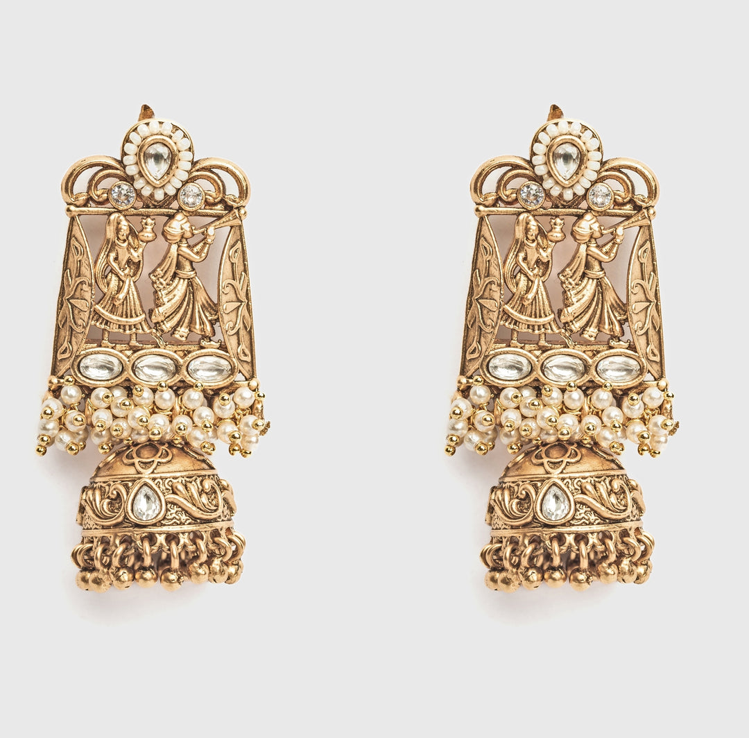 Gold Plated White Stone And Pearl Jhumka Earrings