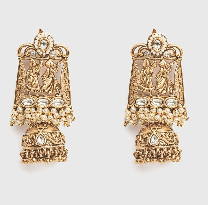 Gold Plated White Stone And Pearl Jhumka Earrings