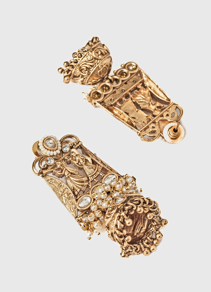 Gold Plated White Stone And Pearl Jhumka Earrings