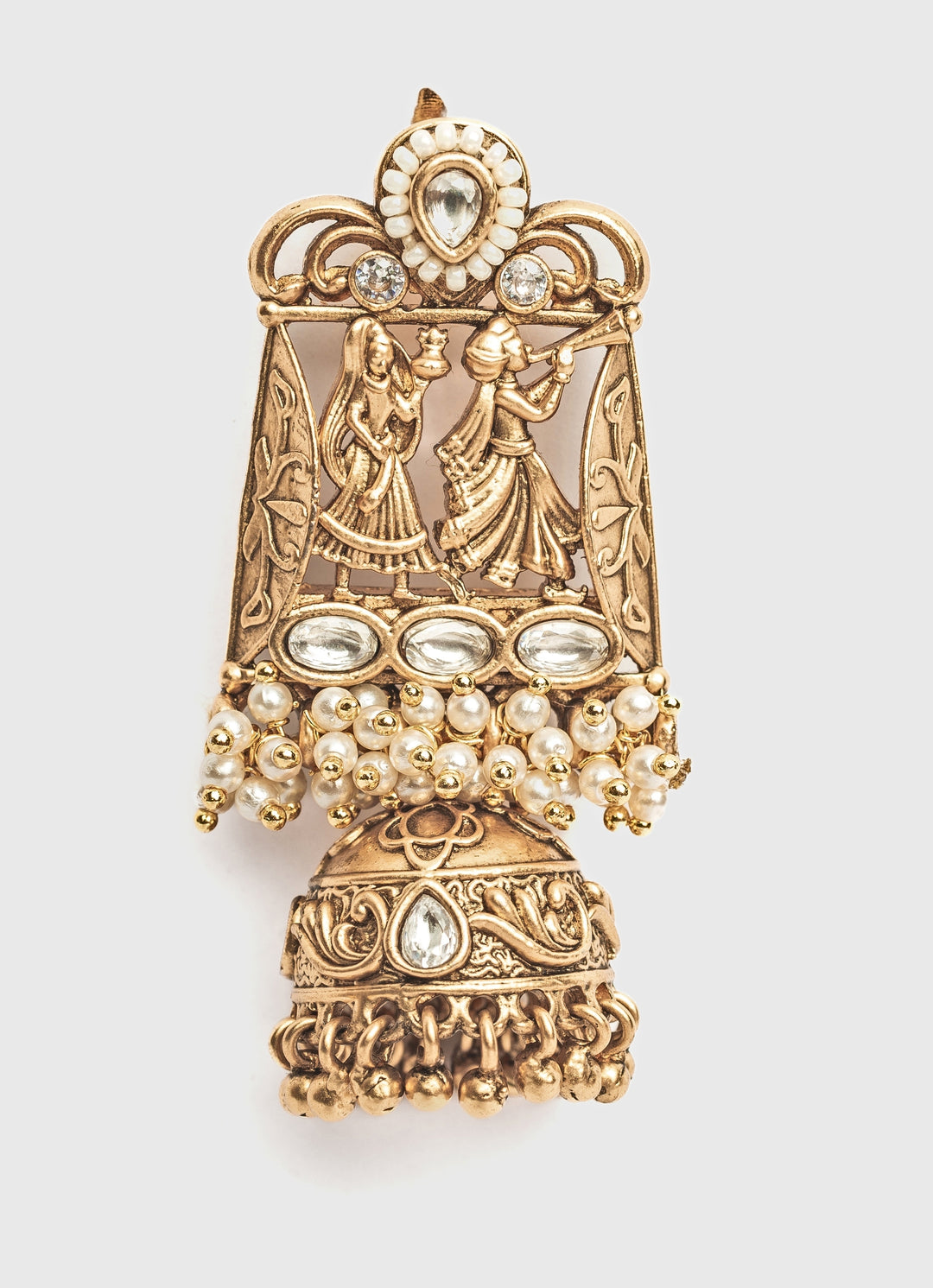 Gold Plated White Stone And Pearl Jhumka Earrings