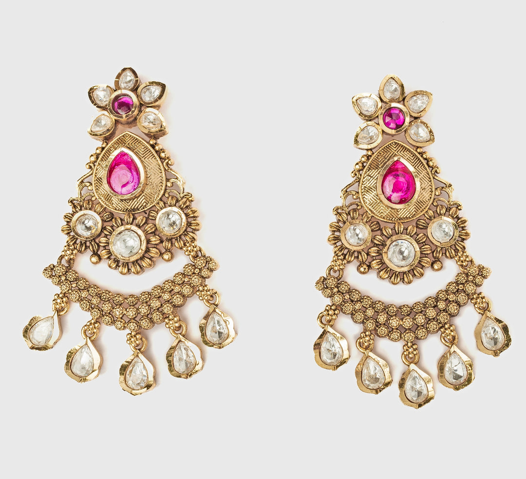Gold Plated Floral Pink And White Teardrop Chandbali Earrings