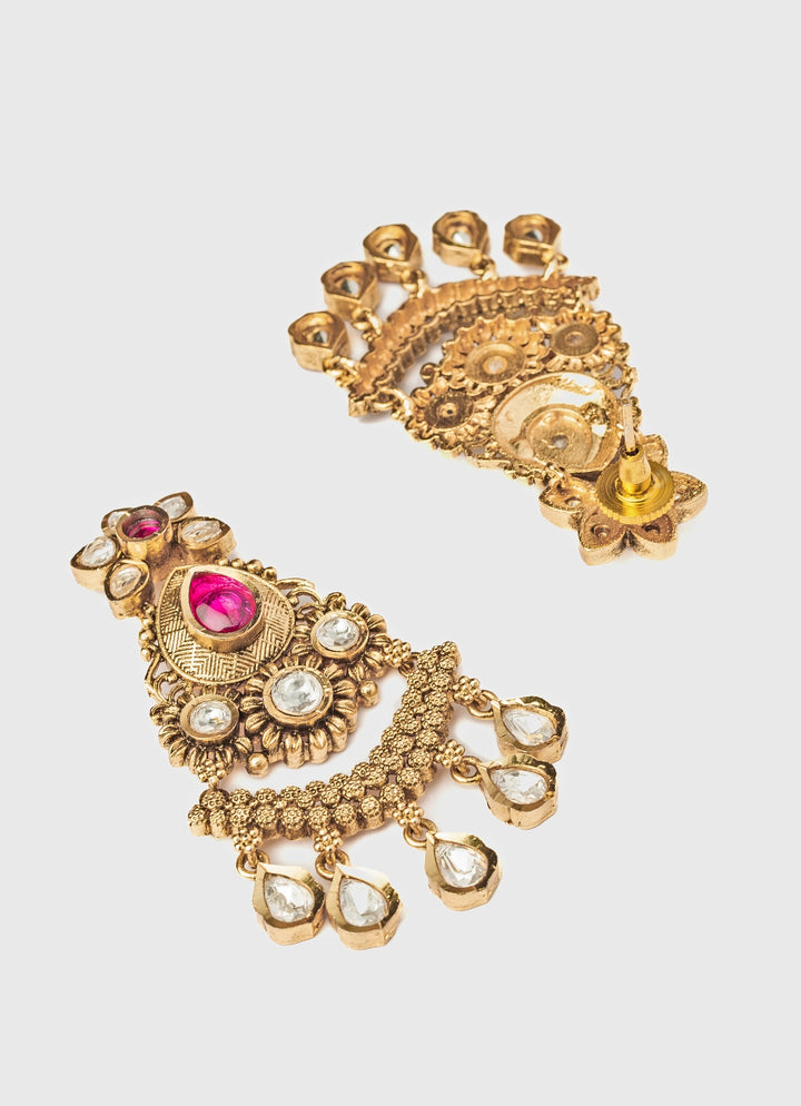 Gold Plated Floral Pink And White Teardrop Chandbali Earrings