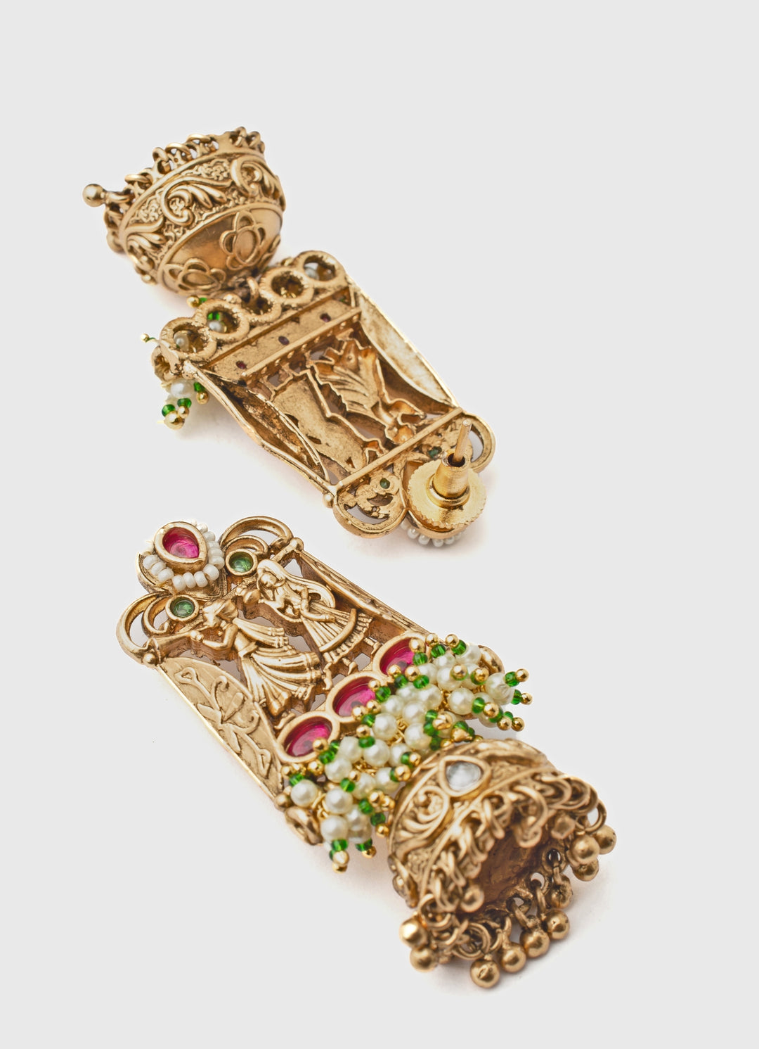 Gold Plated Temple Green And Pink Beaded Earrings